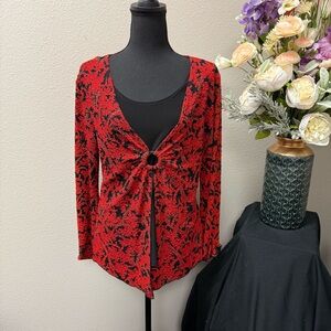 Brittany Black Red Black Floral Tie Front Ring Accent Cardigan Top Medium